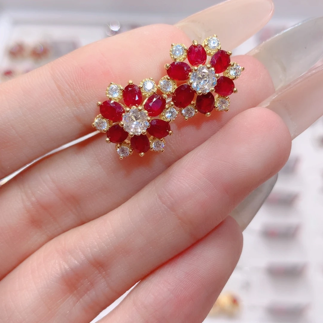 耳饰银S925镶嵌红宝石