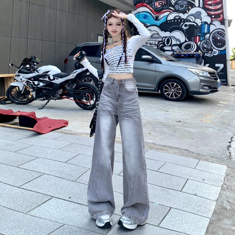 拉夏贝尔摩卡灰复古阔腿牛仔裤女2024早秋新款高腰显瘦垂感直筒裤