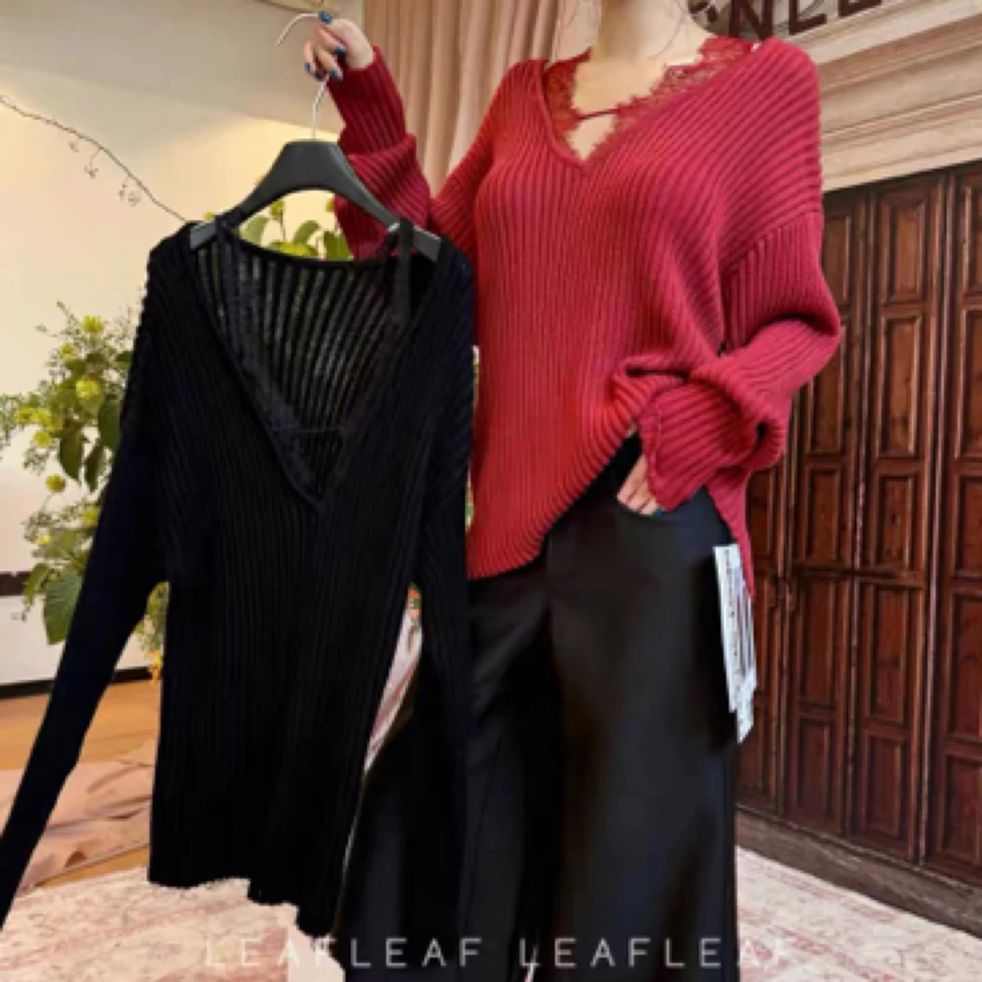 LEEWEI 宽松坑条V领拼接蕾丝上衣 LEAFLEAF设计师品牌