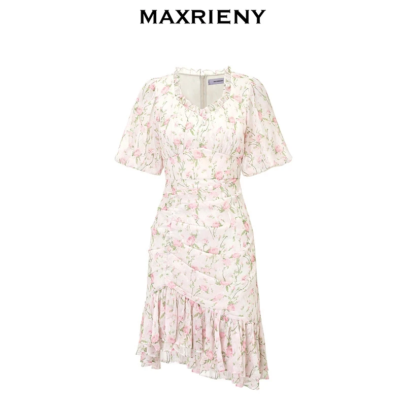 MAXRIENY浪漫复古感抽褶连衣裙2025春季新款仙美印花茶歇裙小香风