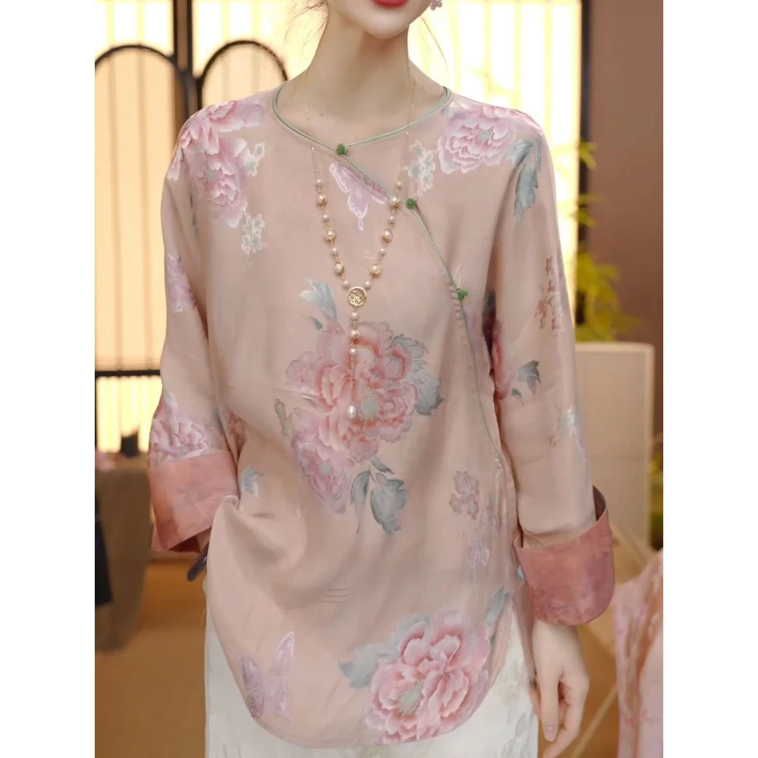 新中式设计感时尚花朵印花衬衣女2025秋季新款轻奢遮肚子减龄衬衫