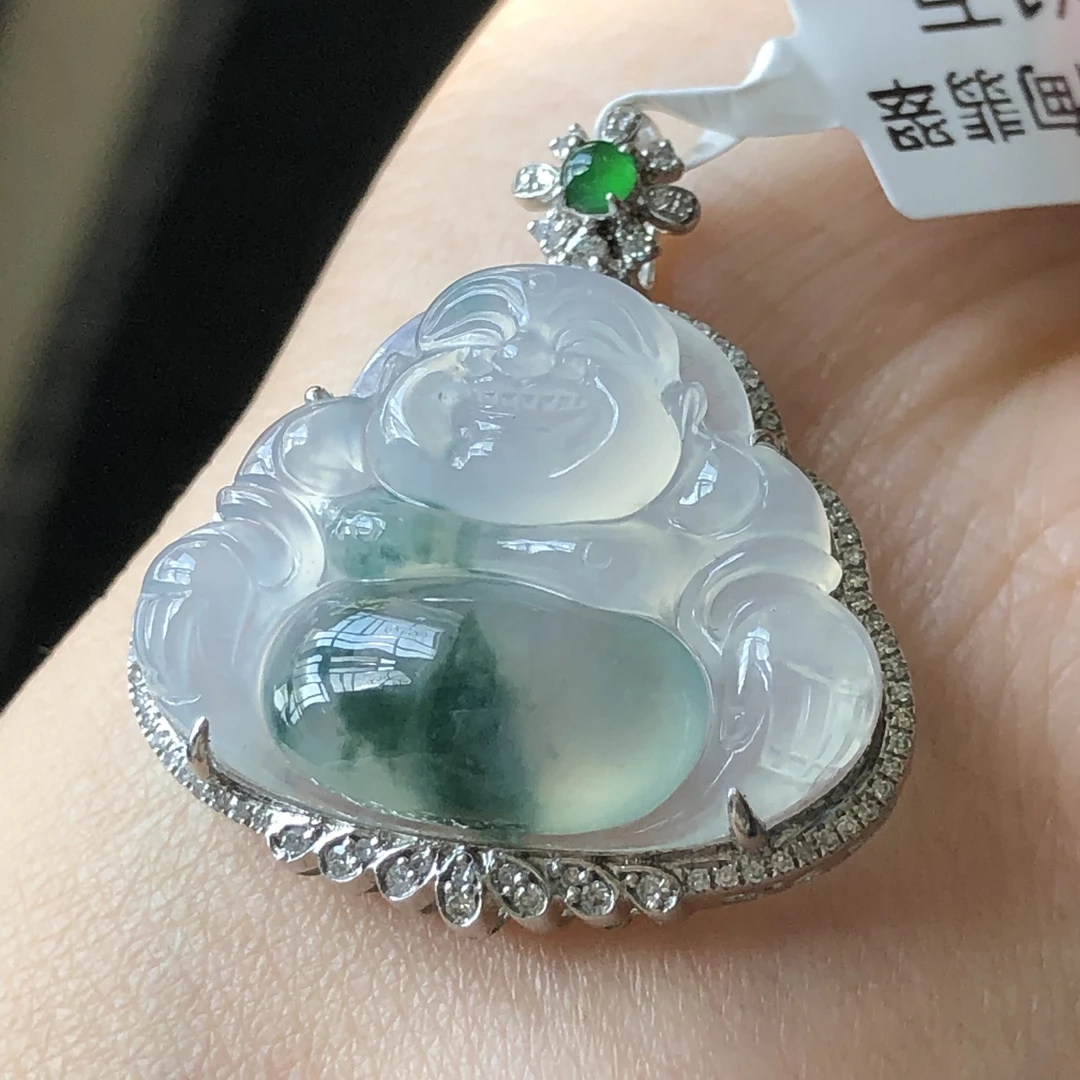 天然A货缅甸翡翠18K金镶嵌老坑冰种飘花佛公吊坠尺寸29.2/26.7/10