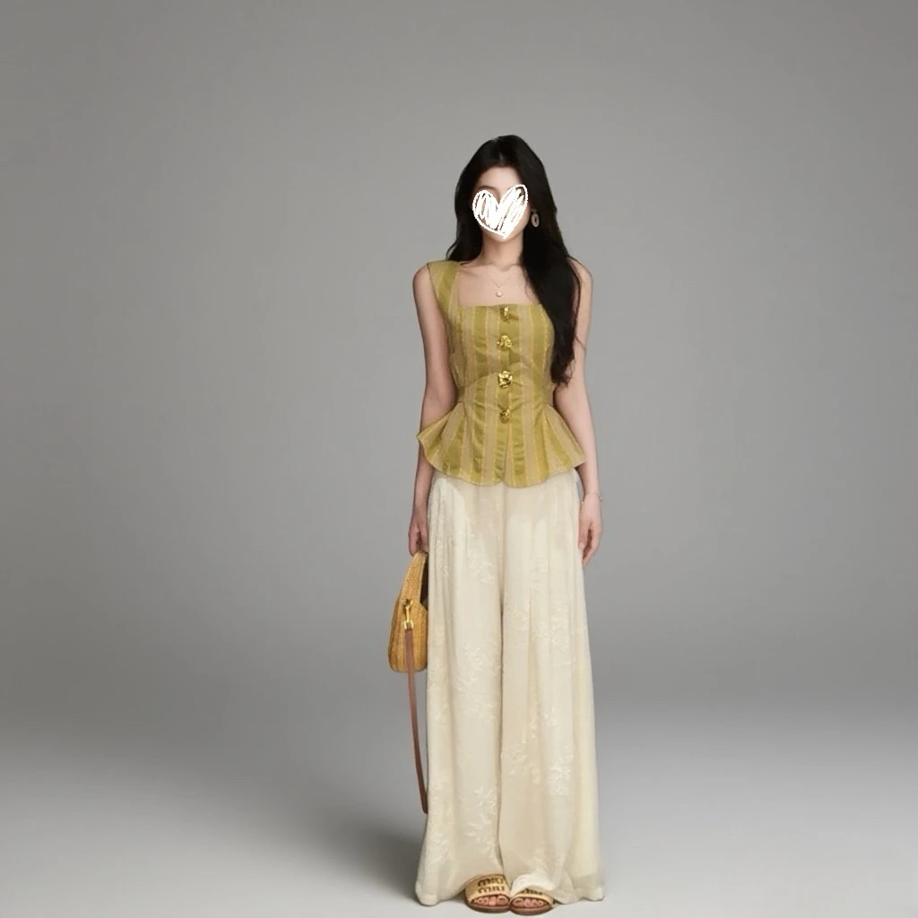 时尚简约轻盈设计感金属扣上衣+肌理感刺绣阔腿裤Q197