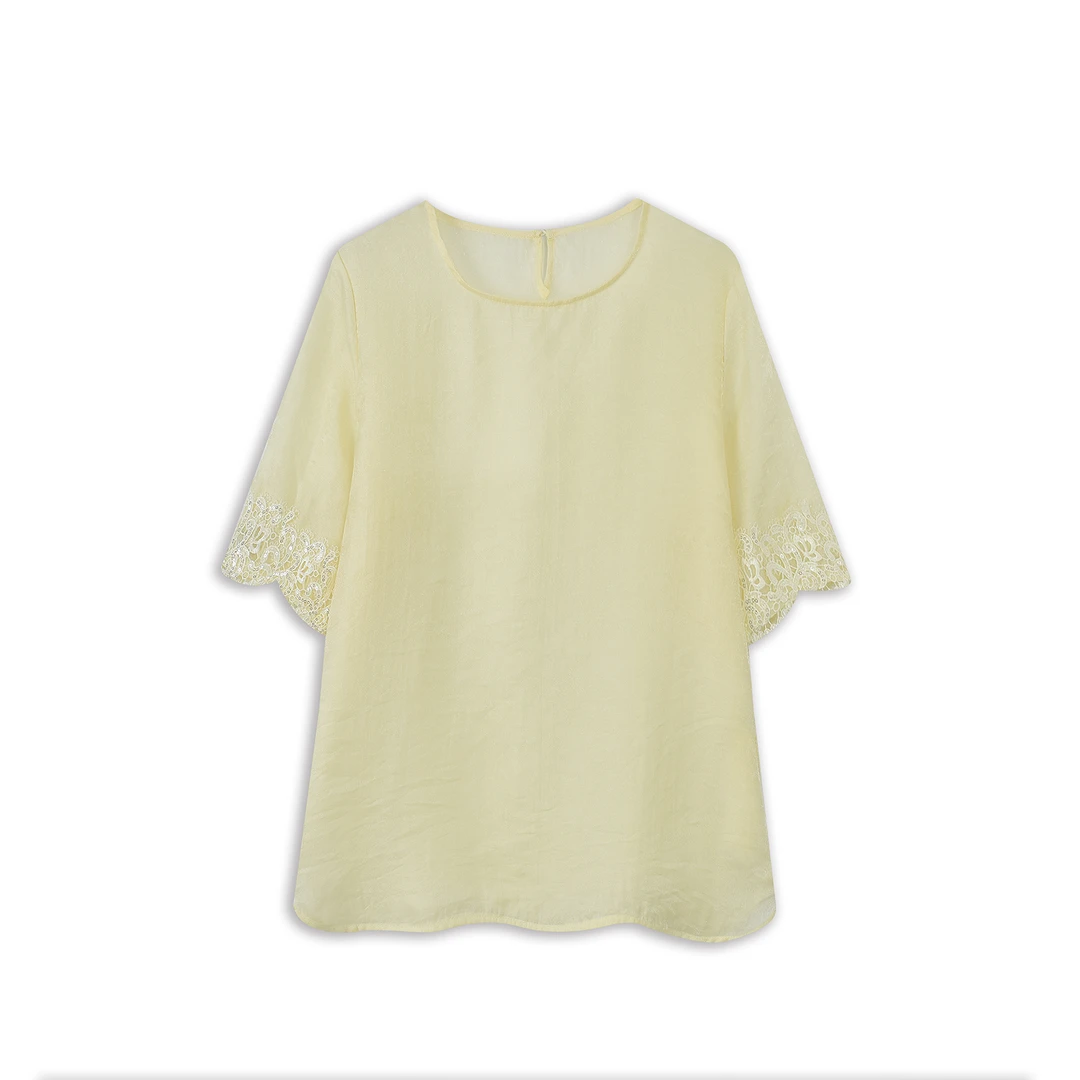 【织花瑾】2025年夏季新款重工袖口拼接新中式精致百搭款打底衫