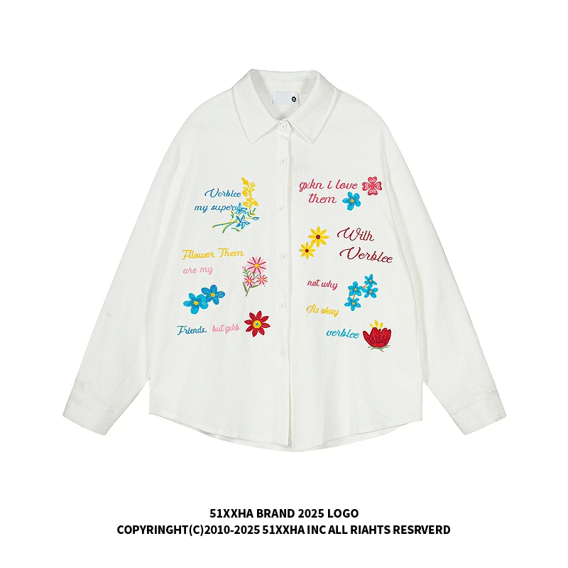 51嘻哈美式松弛感花卉刺绣华夫格长袖衬衫男女秋季宽松慵懒风衬衣