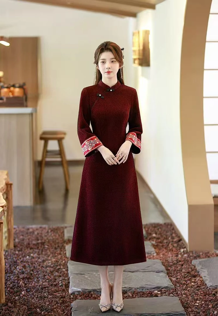 【梦回大唐】中国风冬季高贵加绒旗袍裙气质修身显瘦复古中长款A7