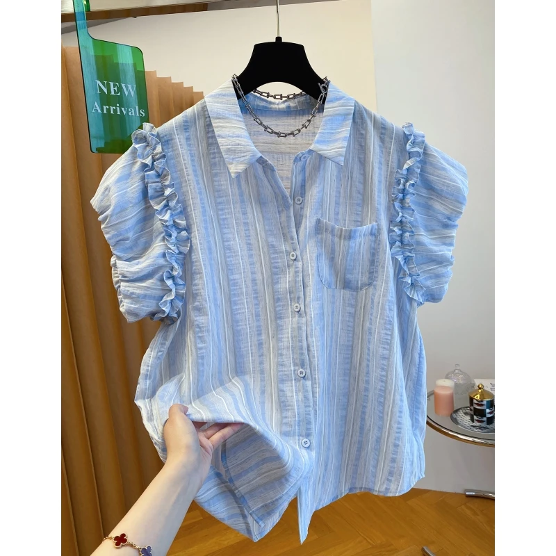 高级感花苞袖蓝色条纹衬衫女短袖2025新款宽松木耳边泡泡袖上衣夏