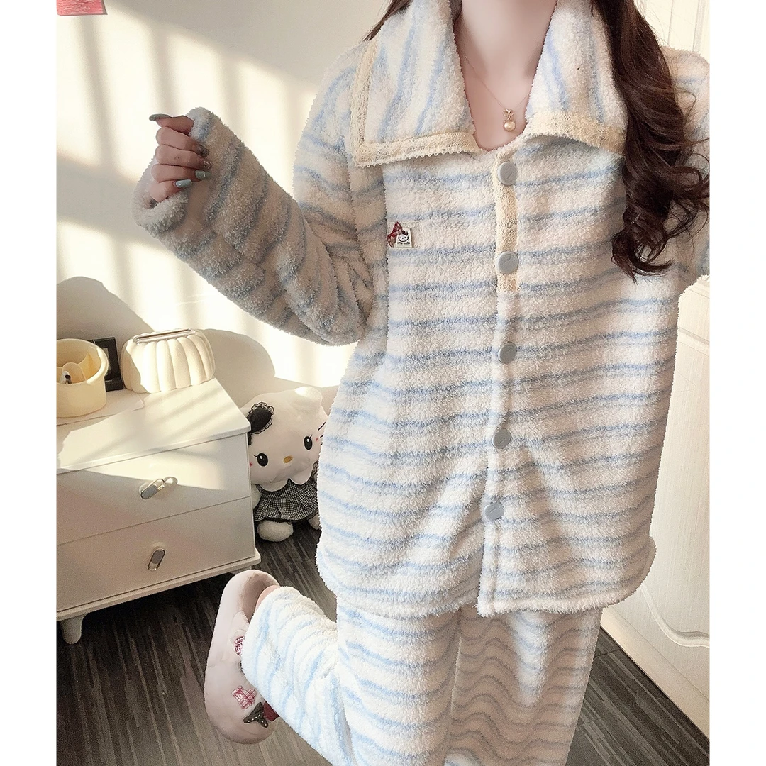 秋冬季睡衣女条纹加厚半边绒2025新款可外穿开衫少女家居服套装