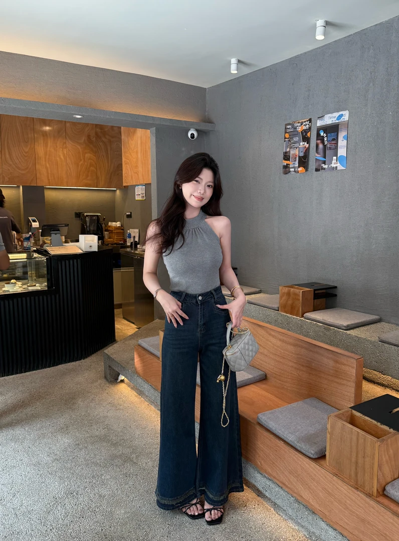 【自在腔调】新款复古时尚深蓝高腰阔腿显瘦流苏设计感百搭牛仔裤夏