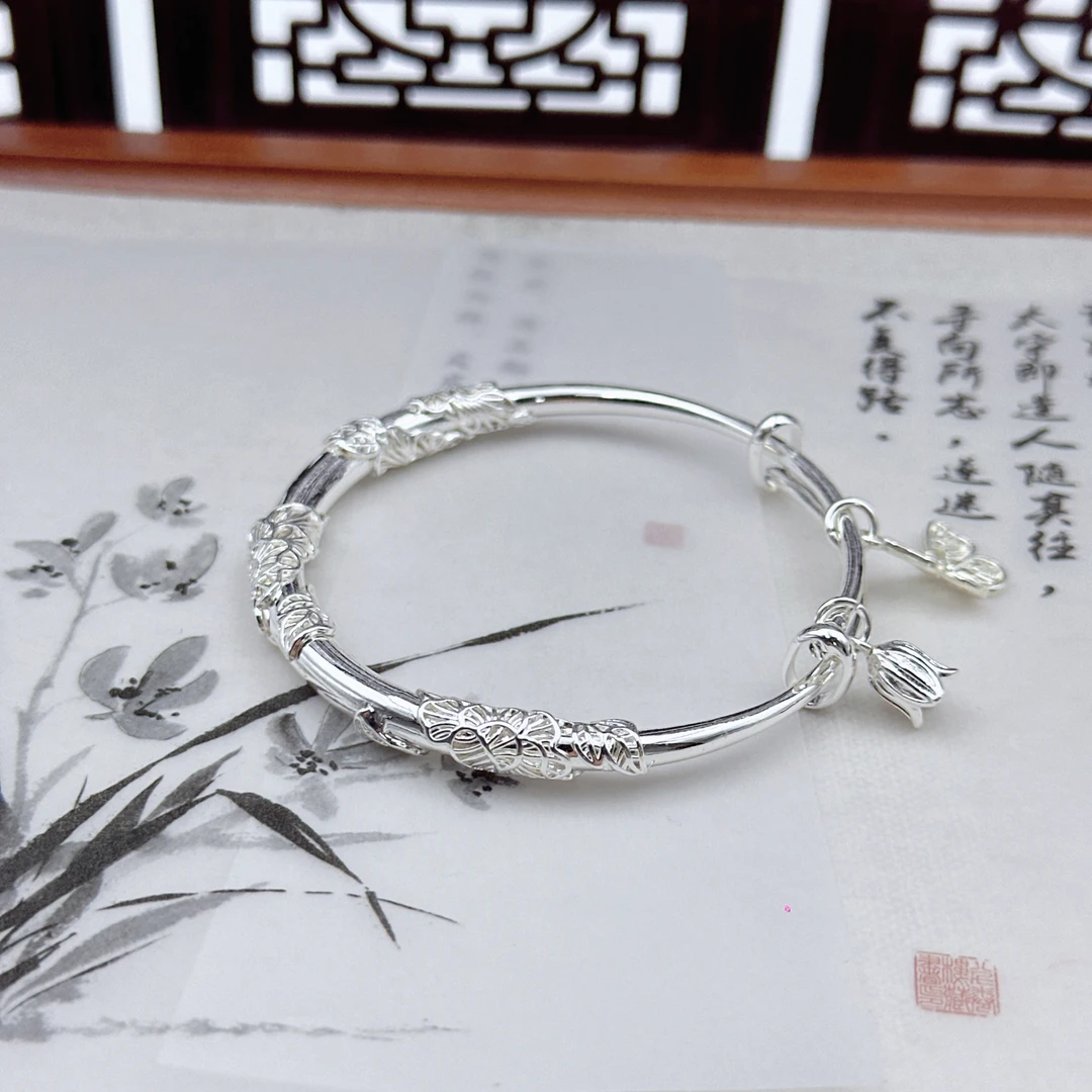 足银手镯 花丝银手镯女银9999繁花似锦花蕊蝴蝶银镯子推拉年轻款