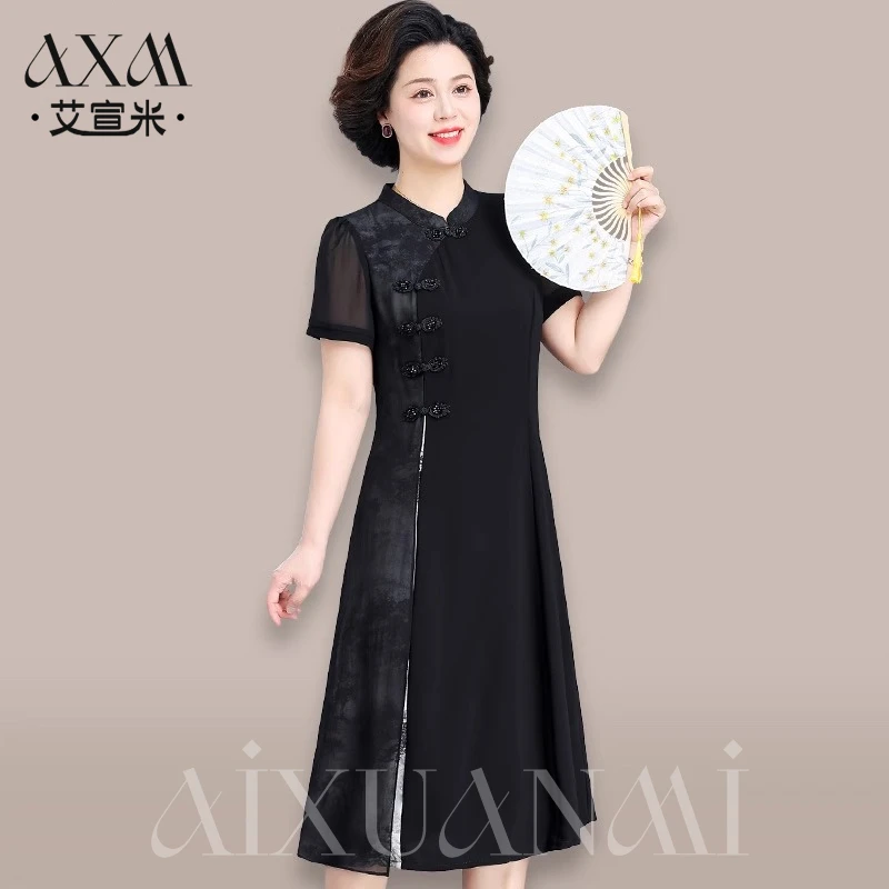 中年妈妈夏装黑色连衣裙高级感中老年女夏季新中式改良旗袍长裙子