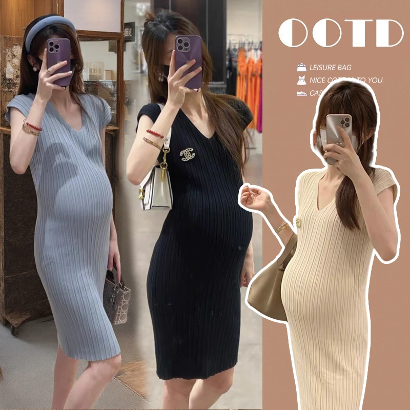 孕妇夏装新款韩版修身显瘦V领针织气质小个子孕妇连衣裙