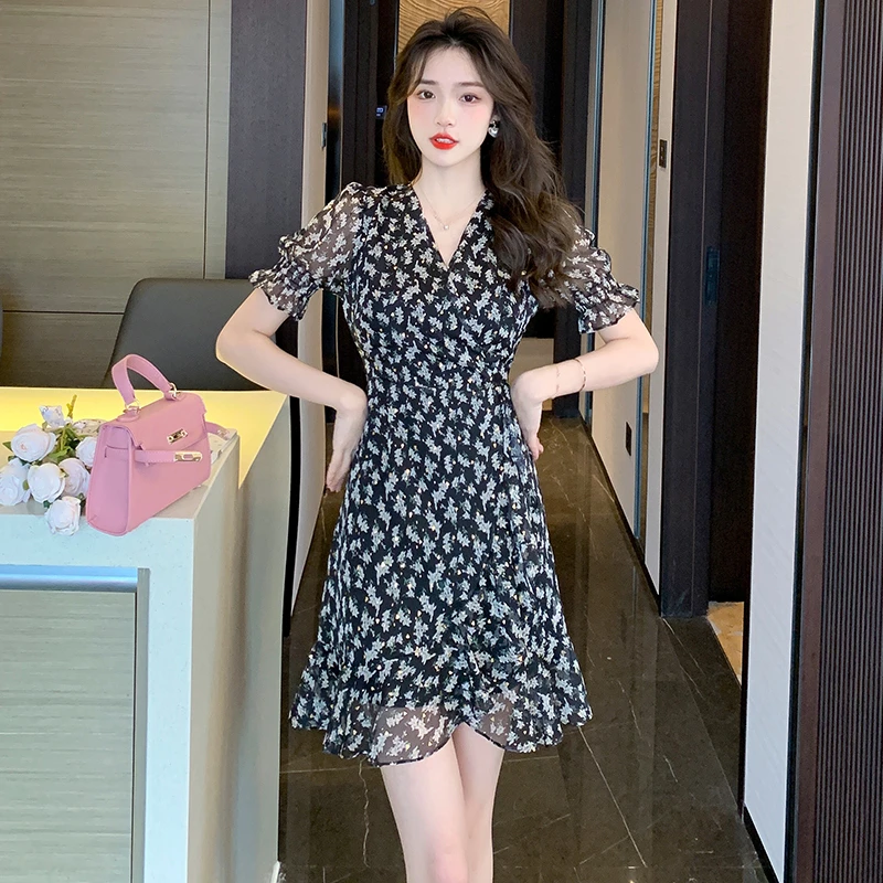 刘伊朵Y5710夏季鱼尾修身气质小个子碎花烫金修身连衣裙带胸针