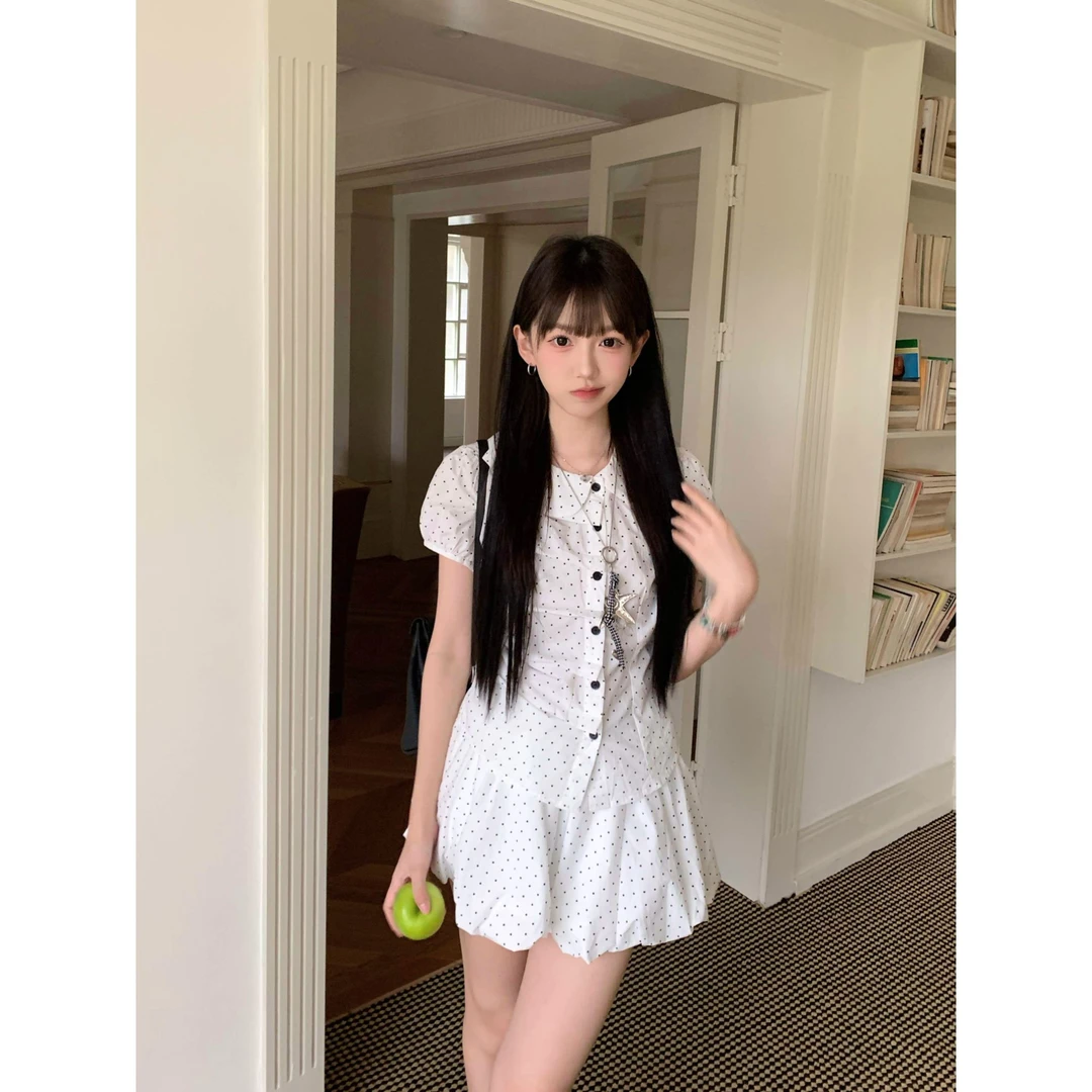 韩系甜美波点衬衫连衣裙子女夏季2025新款miu系小个子花苞裙套装