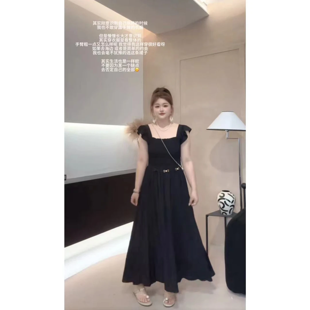 晶咕佳佳【小飞袖】木耳边设计方领打揽连衣裙吊带连衣裙显瘦时尚