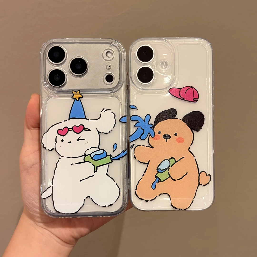 卡通玩水枪小狗情侣手机壳适用苹果17太空壳16promax小米华为15