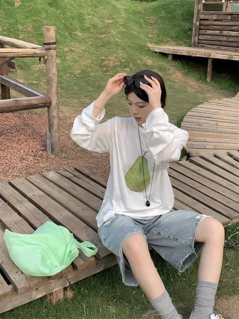 韩系印花设计感低圆领长袖T恤女夏季新款宽松显瘦慵懒风防晒上衣