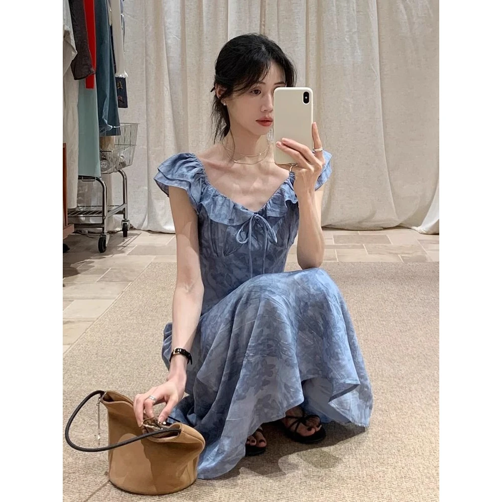韩系蓝色显白小飞袖系带印花连衣裙女2025夏季新款修身显瘦裙子女