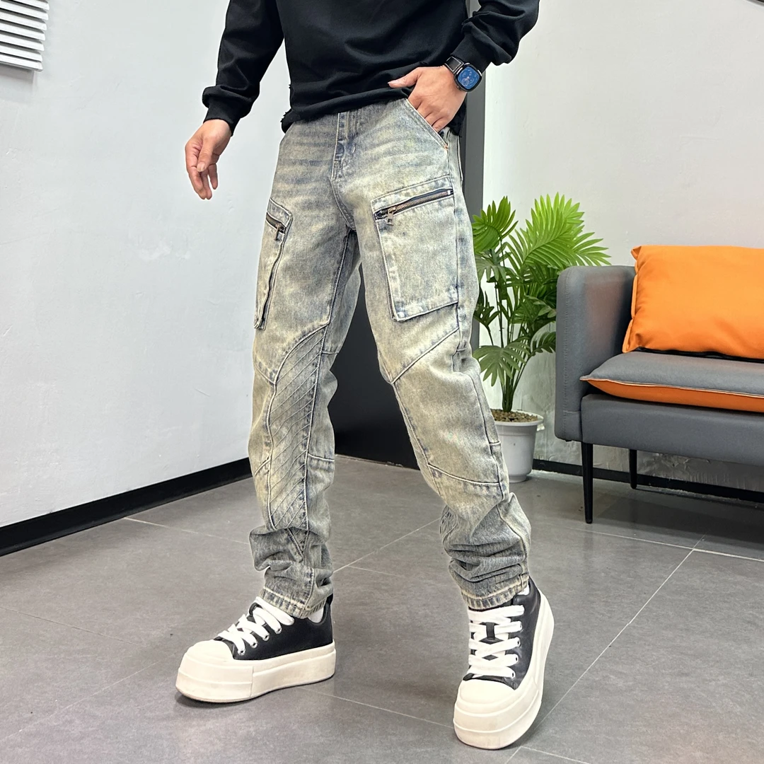 美式拼接复古牛仔裤男秋冬新款做旧工装锥形直筒潮流百搭高街长裤