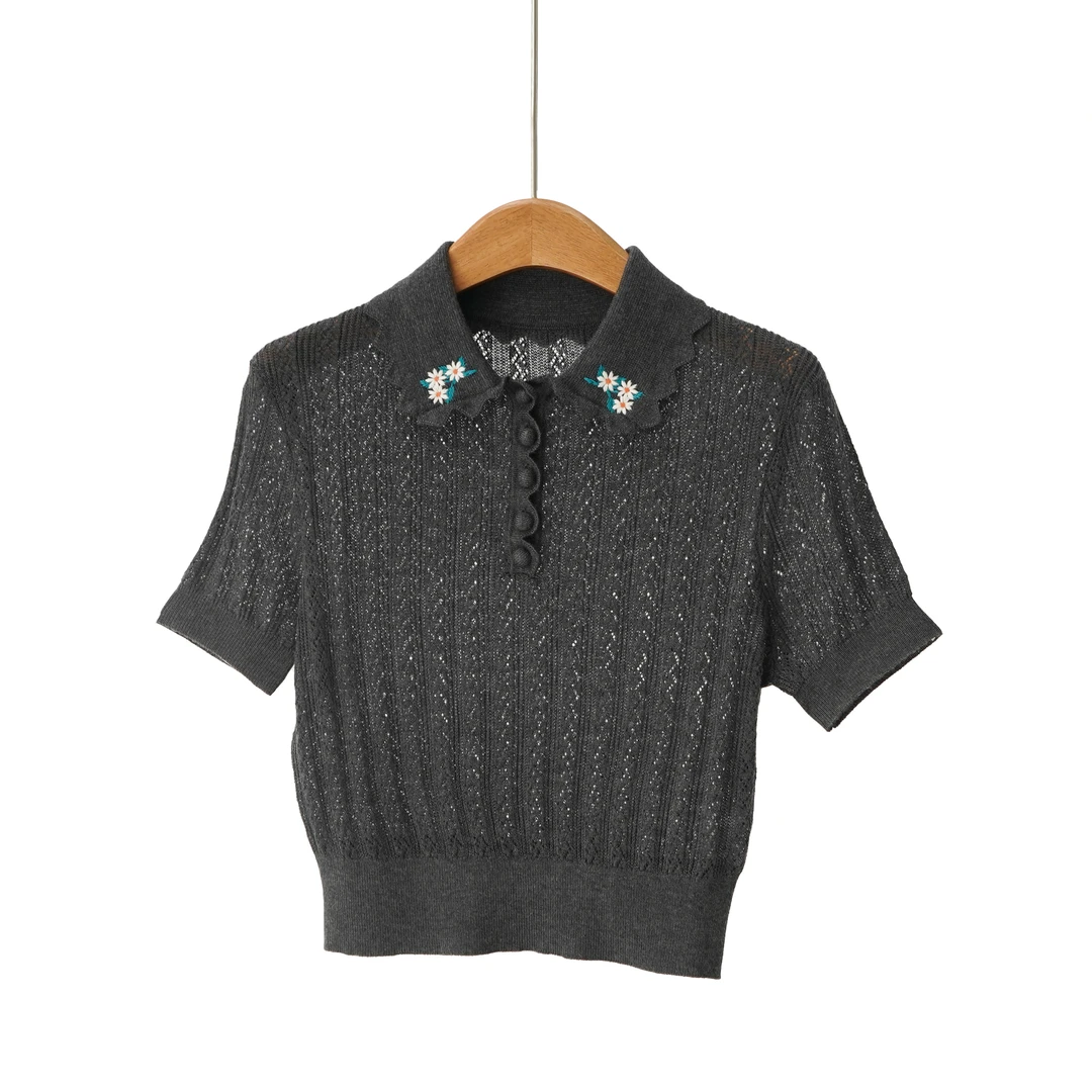 【YS12421】S*P 26春新款灰混色羊毛花朵刺绣短袖翻领百搭针织衫