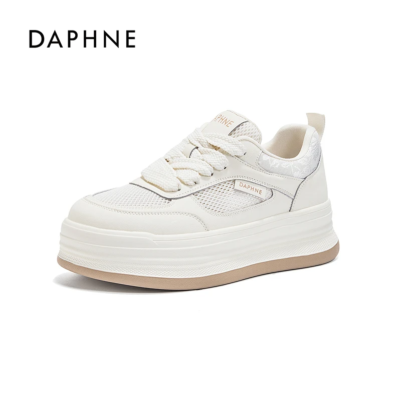 达芙妮2026新款夏季透气女鞋时尚百搭休闲鞋厚底网面系带小白鞋
