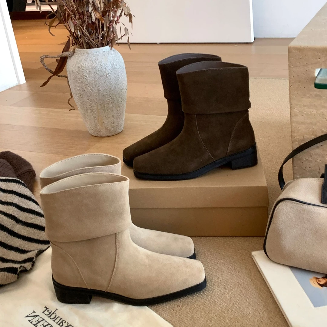 厚底高筒&复古方头推推靴女粗跟西部牛仔靴马丁靴冬季短靴百搭