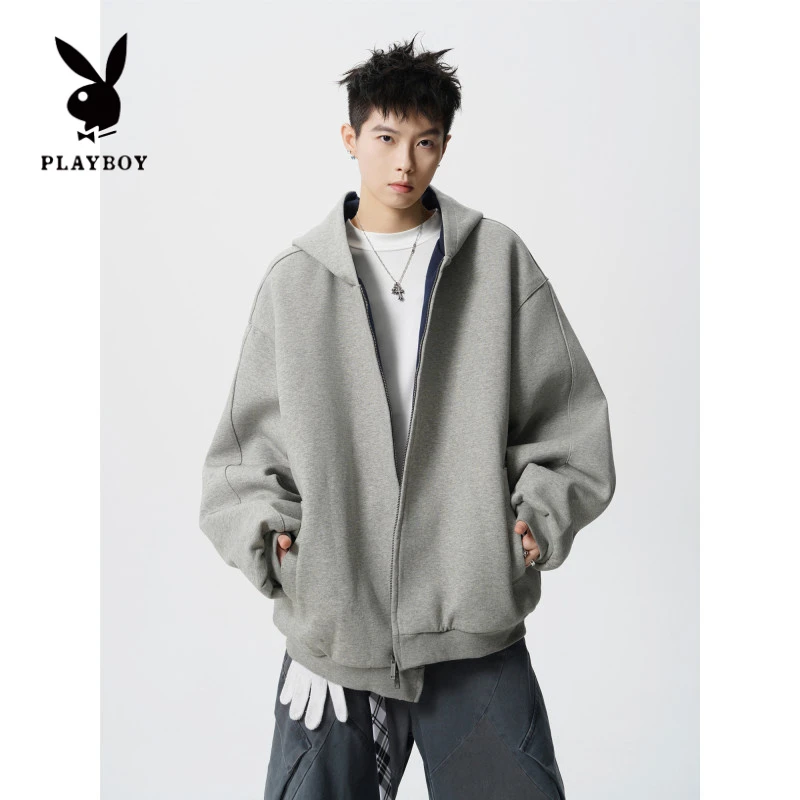 花花公子撞色连帽开衫卫衣男秋季重磅空气层休闲百搭宽松上衣外套