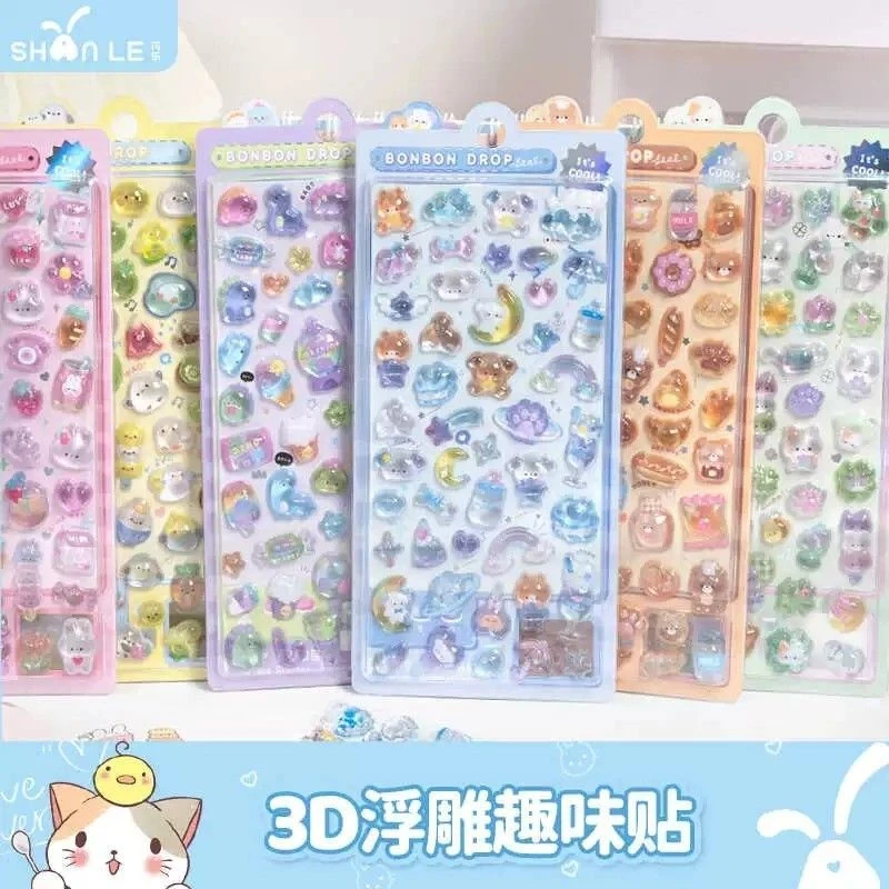 卡通3d立体浮雕贴纸儿童趣味装饰贴画防水透明水晶贴diy 粘贴素材