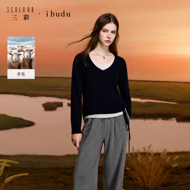 三彩ibudu2025秋季新款假两件针织衫V领宽松套头女