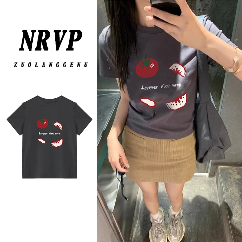 【运补】复古美式修身短袖t恤女时尚印花弹力辣妹显瘦正肩外穿上衣