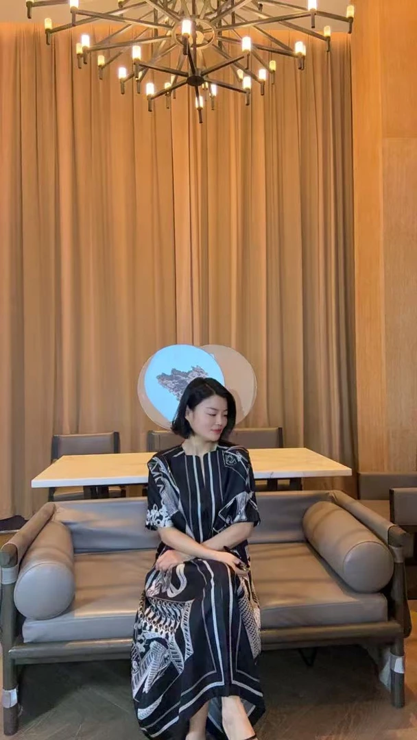 TANTAN  真丝香云纱 气质印花中袖连衣裙2076