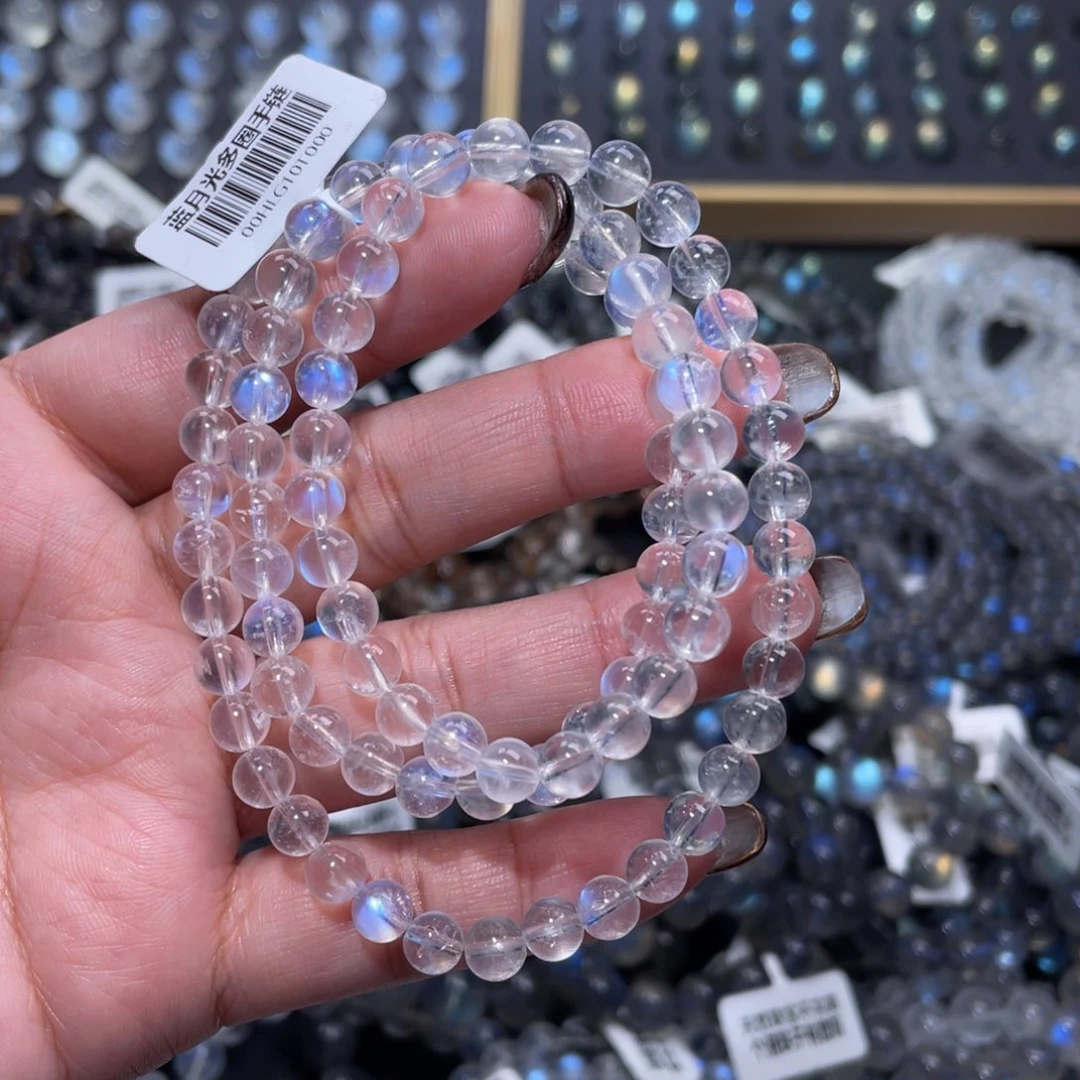 月光石手链未镶嵌冰透体蓝月光手链多圈6mm