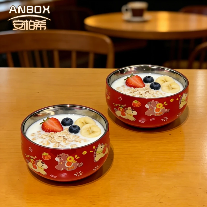 ANBOX 304不锈钢马上有钱双层碗防烫吃饭喝汤碗12-13cm