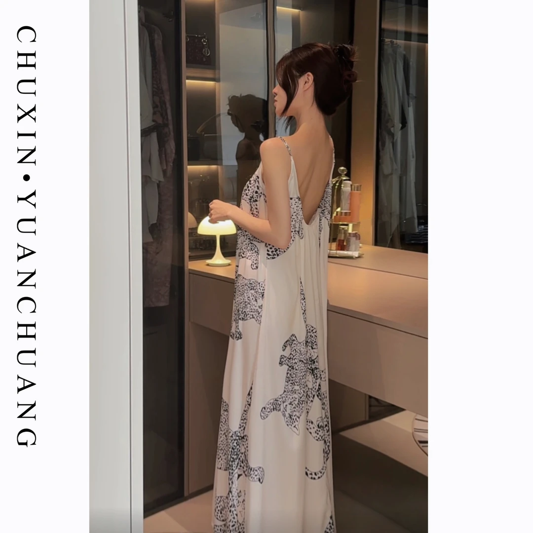 【月光雪豹】带bra无袖豹纹长裙气质2025新款吊带睡衣高级气质度假