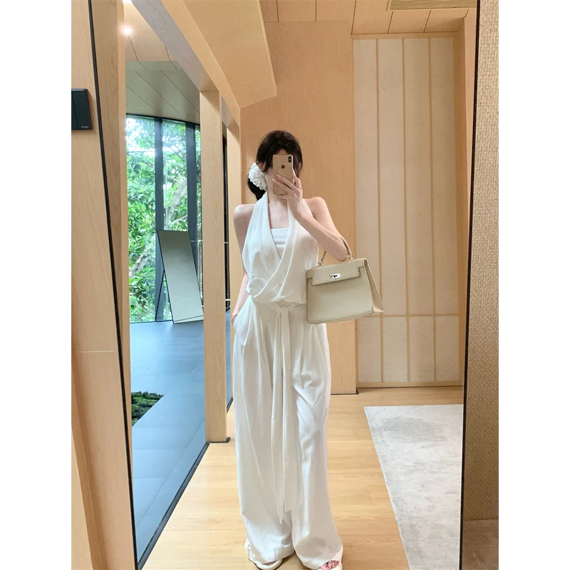 法式气质纯欲露背挂脖吊带背心阔腿休闲裤长裤宽松时尚三件套女夏