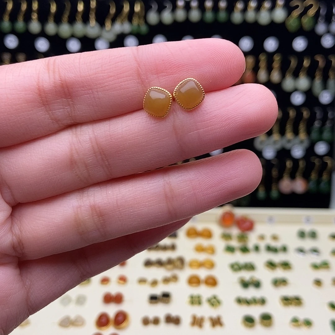 和田玉银S925镶嵌耳饰