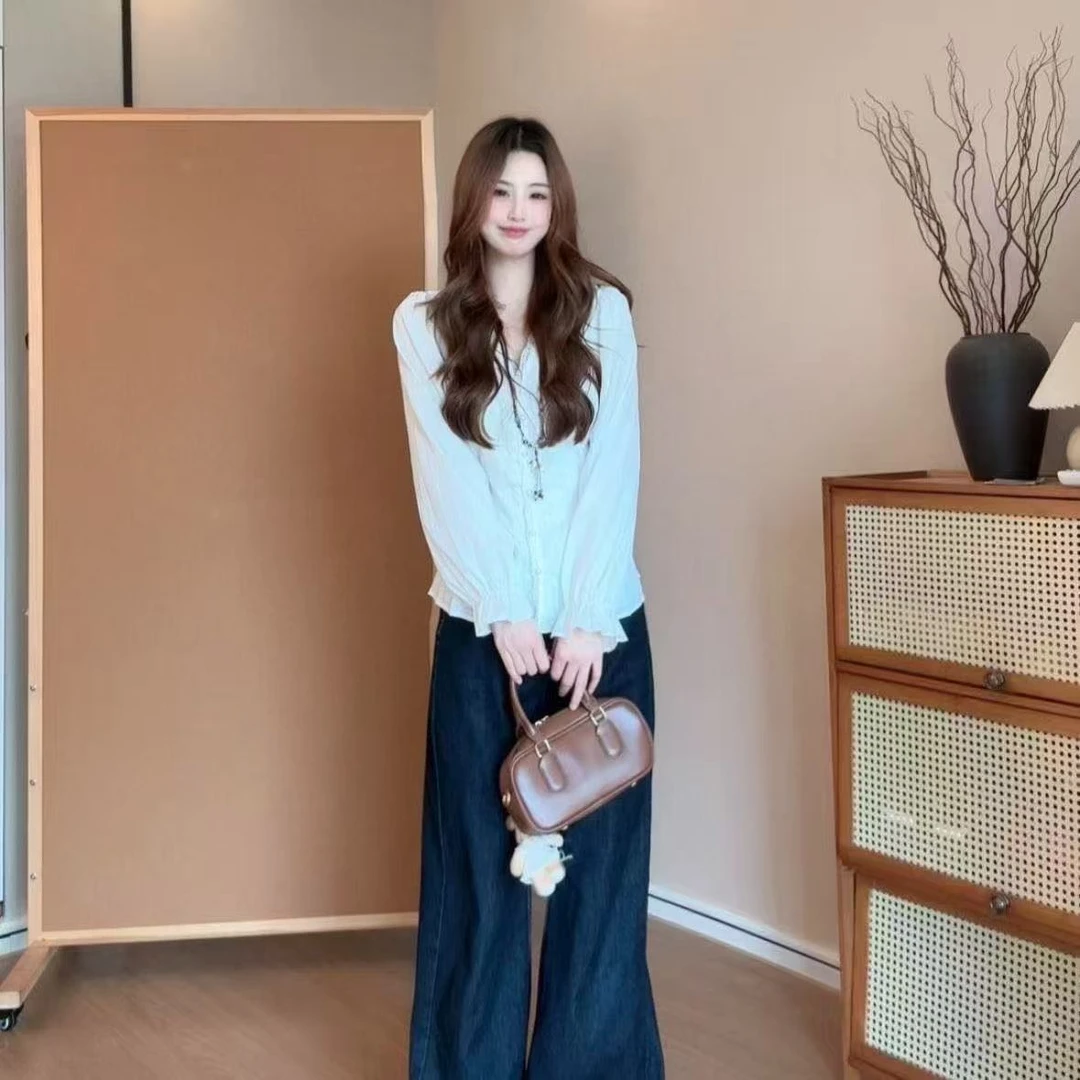 2025秋季新款大码女装胖MM法式蕾丝拼接长袖衬衫女显瘦上衣8702