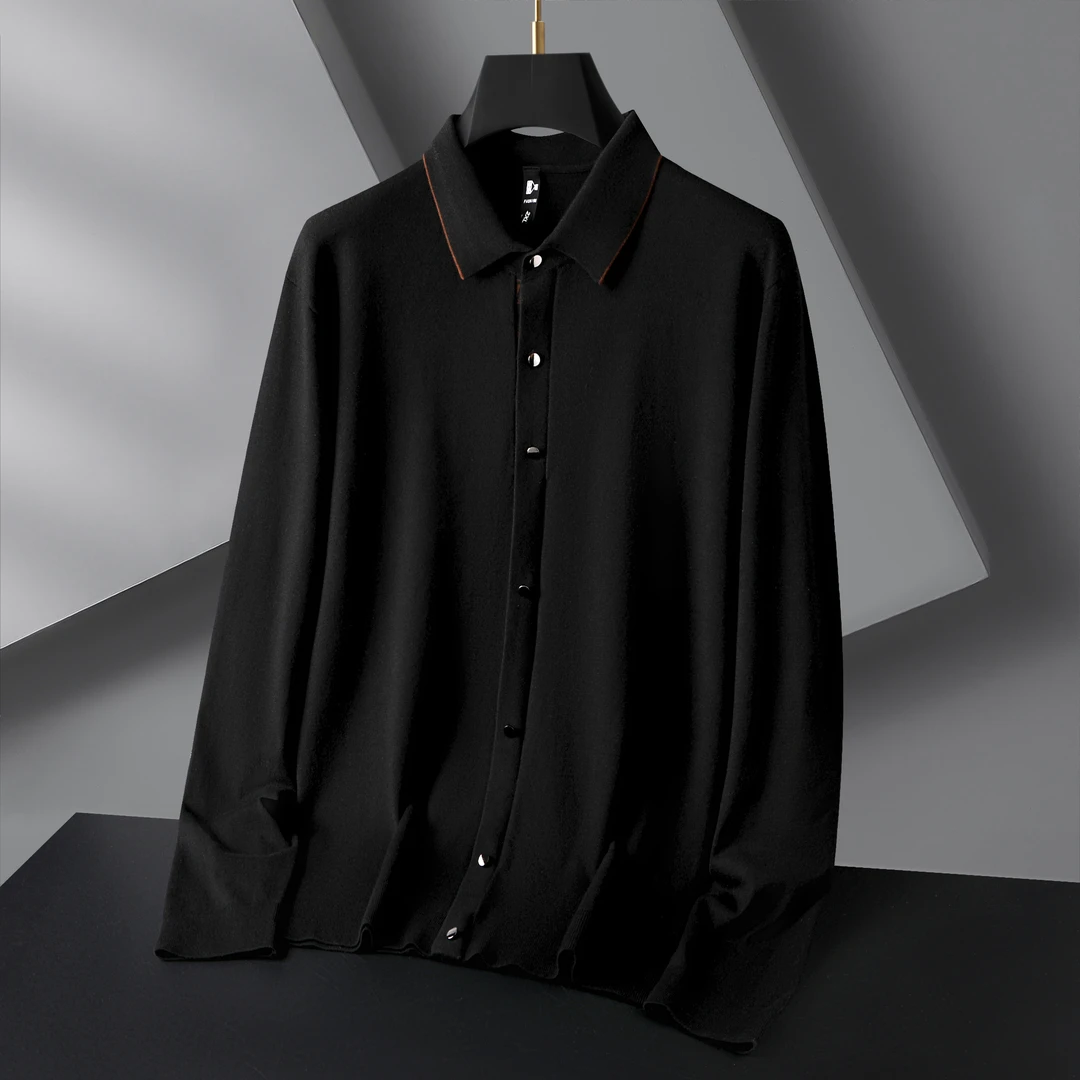 23027春秋男士长袖毛衣翻领加大码宽松保暖针织衬衣