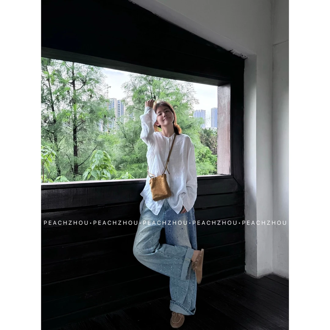 『PEACHZHOU』泼墨小点漆水洗宽松牛仔裤美式复古小众休闲阔腿长裤