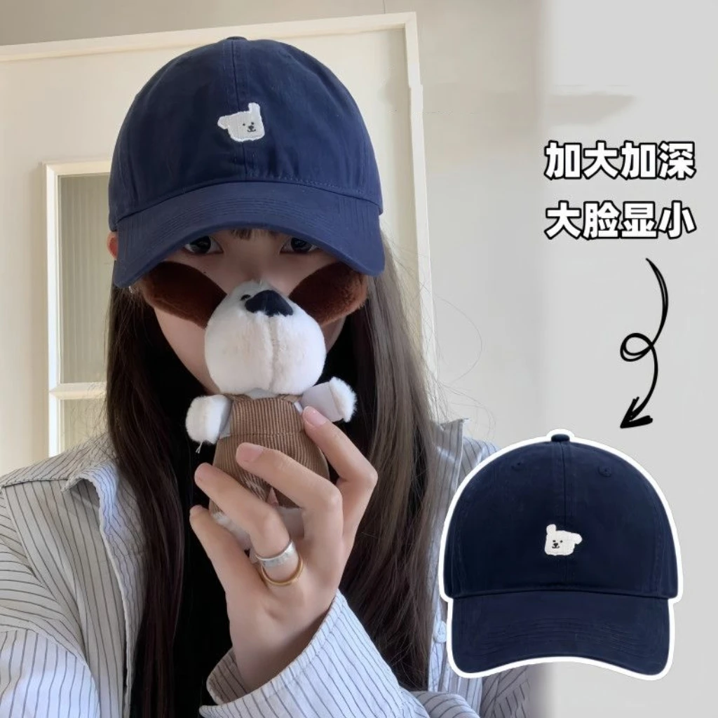 小狗刺绣棒球帽子女夏季日系复古大头围显脸小情侣宽檐百搭网球帽