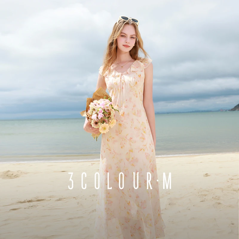 三彩2025夏季新款碎花连衣裙荷叶边系带收腰A字裙长裙清新M