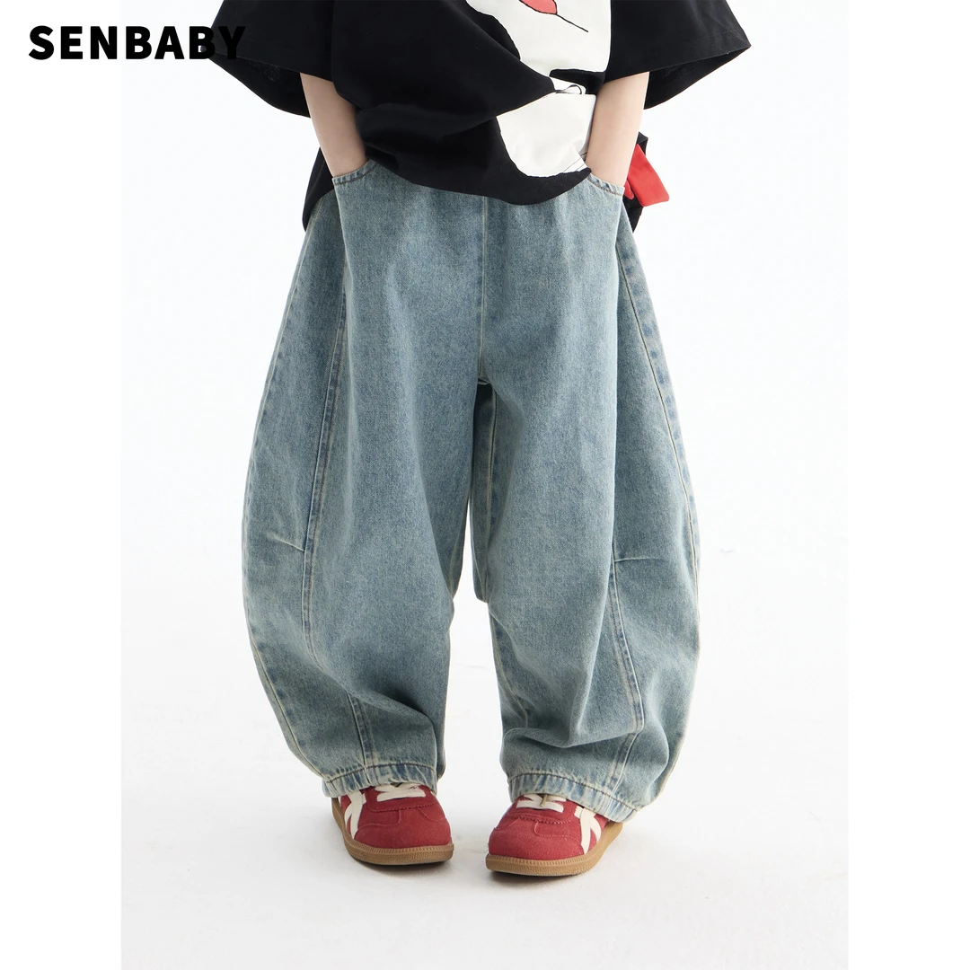【现货时尚做旧】senbaby童装女童弯刀牛仔裤春夏宽松休闲洋气裤子