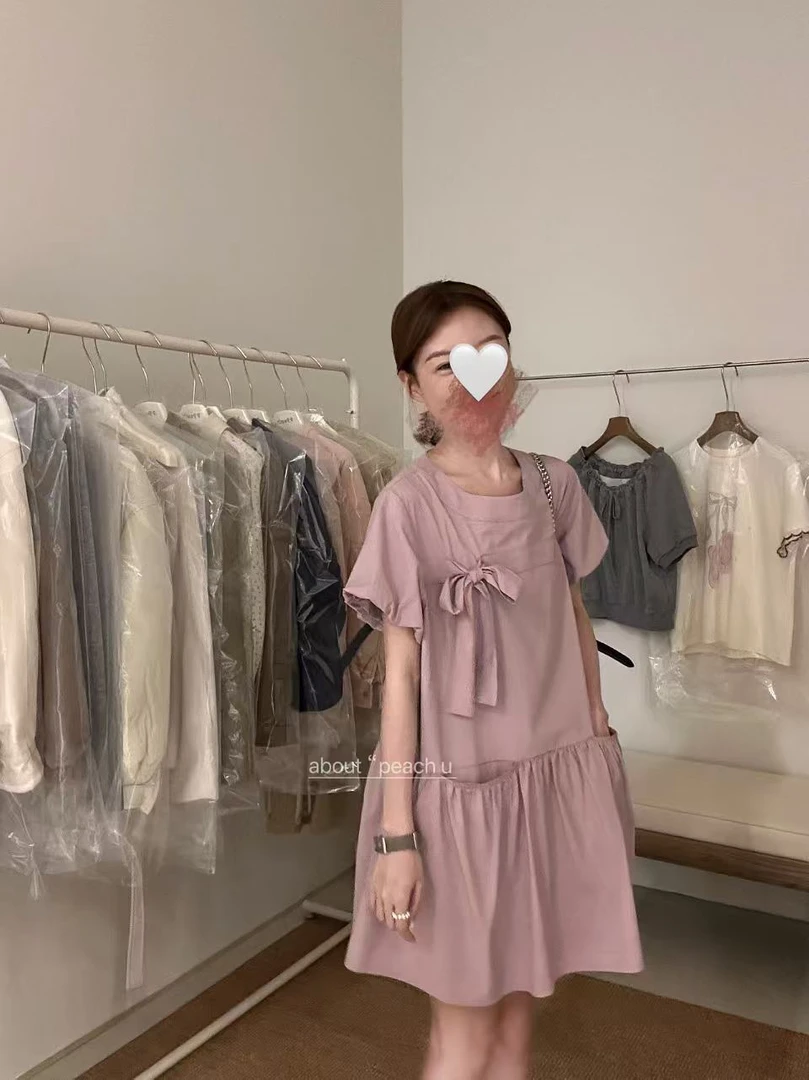 Peach自制 ‘山野柔风’ 法式蝴蝶结绑带捏褶拼接短袖连衣裙 10233