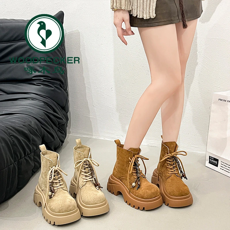 啄木鸟厚底气质马丁靴女2025秋季新款爆款增高显瘦靴子小个子百搭