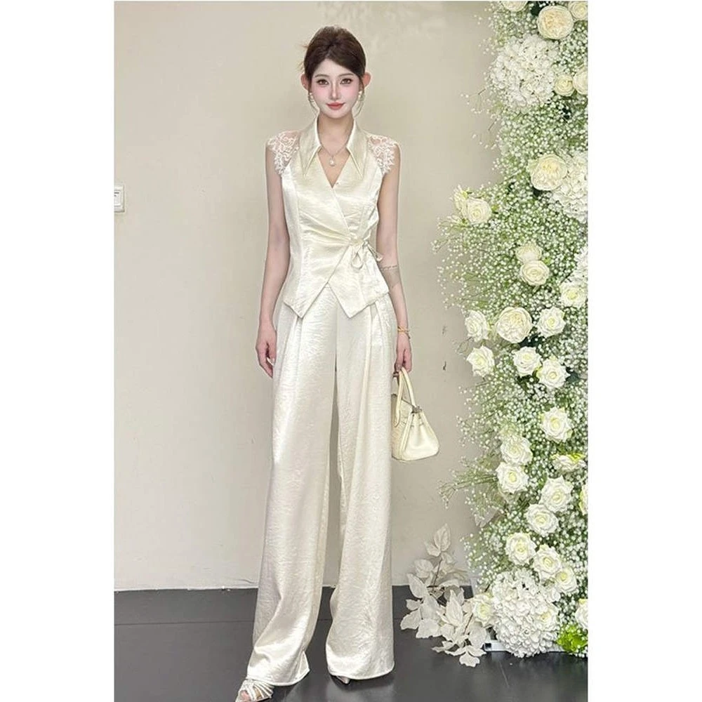 A326法式气质御姐风蕾丝外套上衣高腰直筒长裤两件套