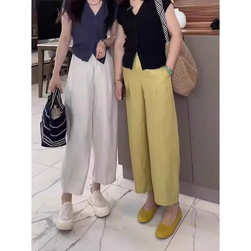 天丝亚麻裤子大码女裤阔腿裤夏季薄款胖mm高腰宽松显瘦九分休闲裤