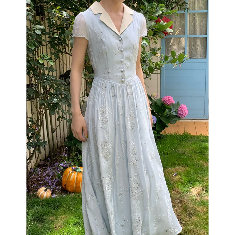 法式茶歇绣花收腰显瘦连衣裙女夏季设计感镂空长裙67305/67332