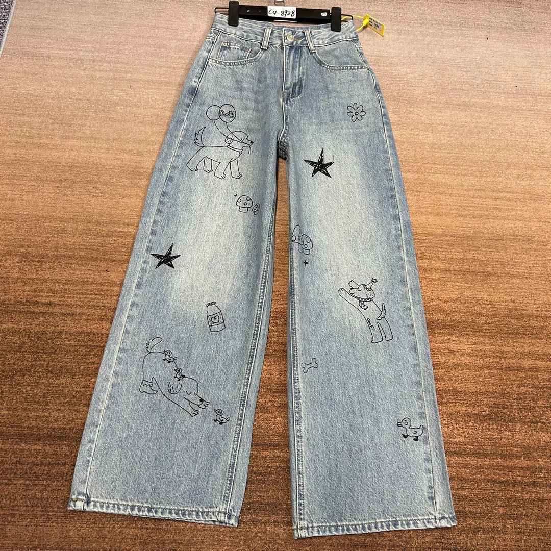 C4-8928 浅蓝色美式小众设计卡通印花直筒裤 无弹（不换退）