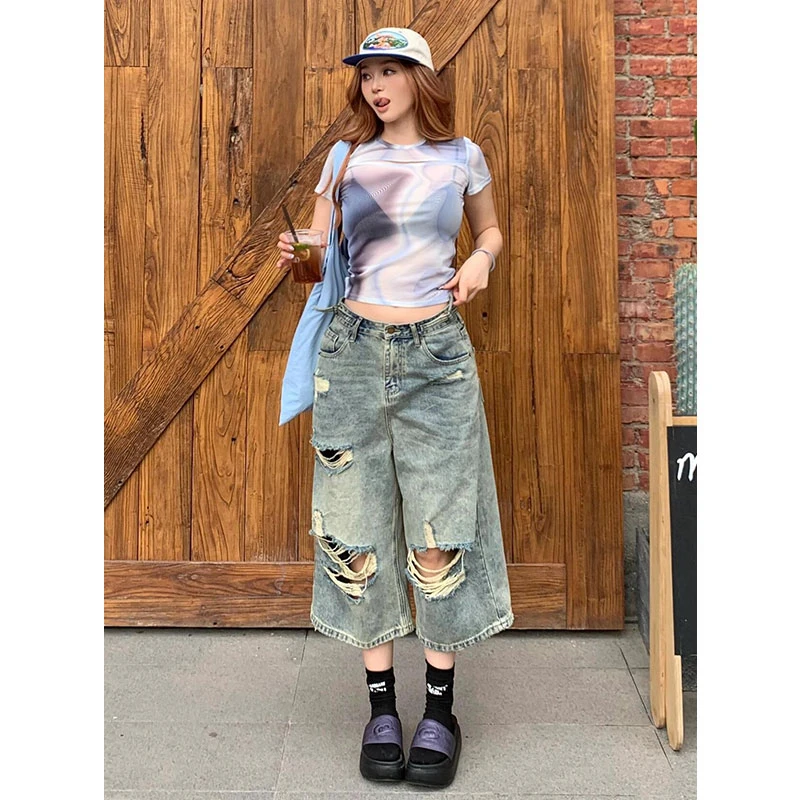 300斤特大码女装美式复古设计感破洞牛仔裤女胖MM高腰显瘦七分裤