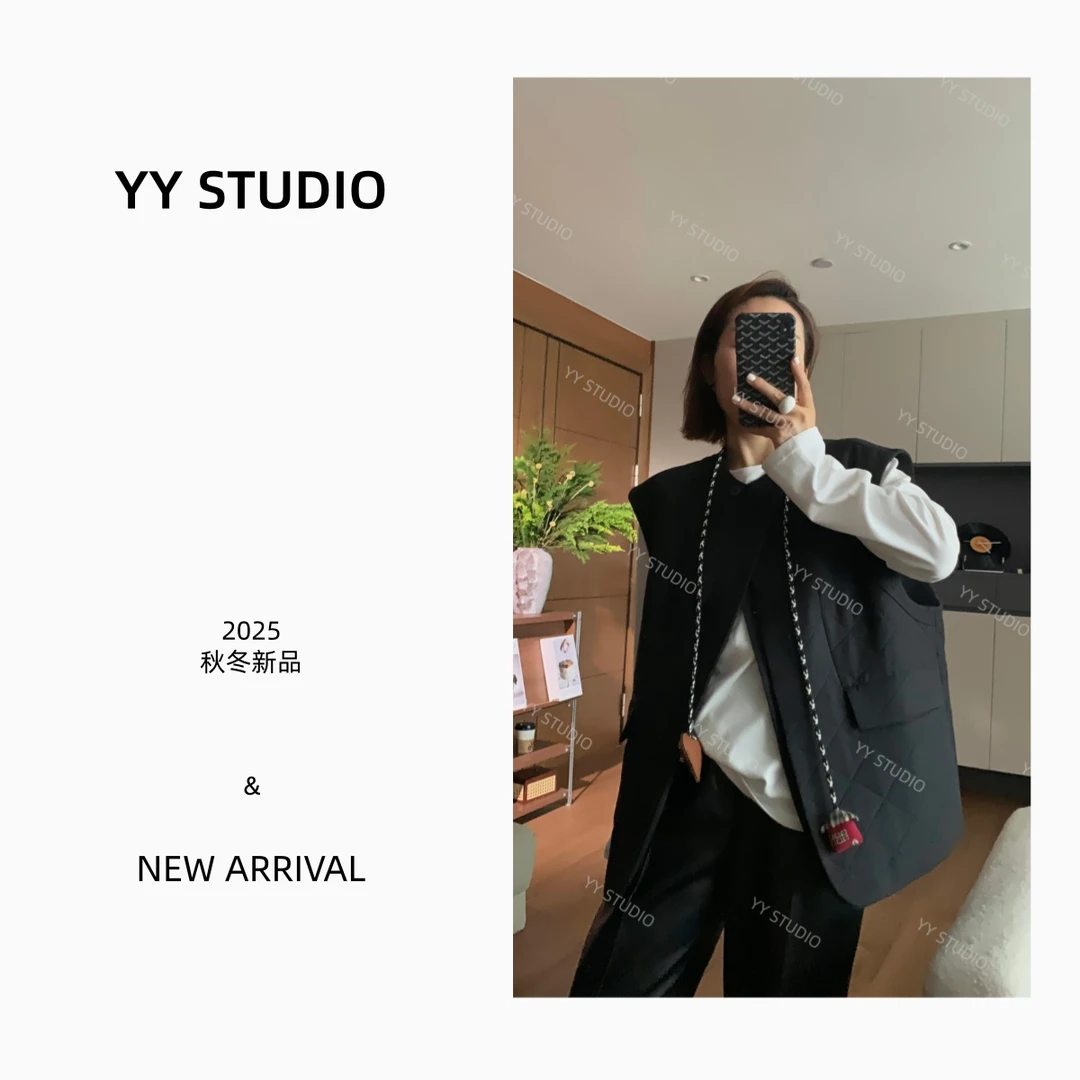 【YYSTUDIO】秋冬韩版菱形格时尚西装夹棉百搭显瘦坎肩马甲外套